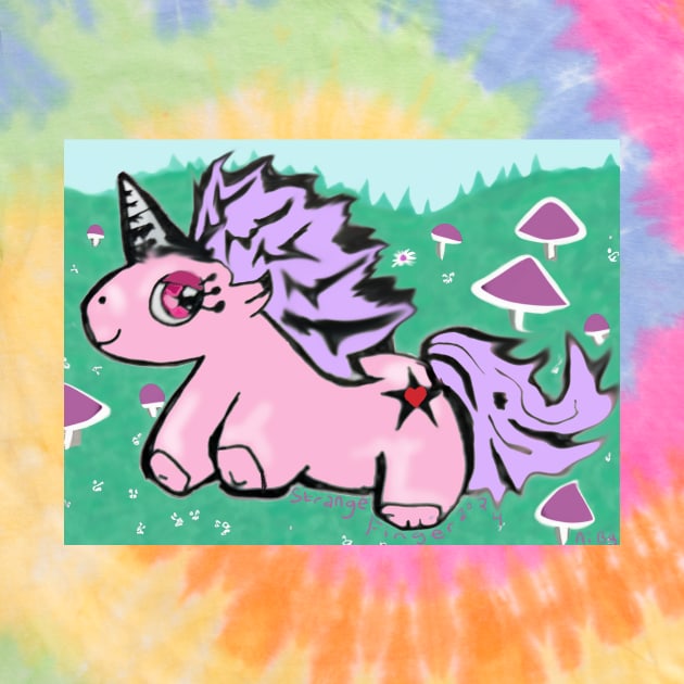 Pink Fluffy Unicorn Jumping Through A Field by Strange Finger Art