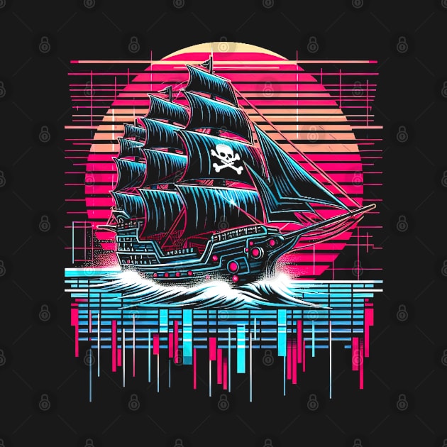 Synthwave Pirate Ship Retrowave Sunset Colorful Graphic by SpookshowGraphics