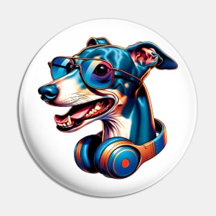 Italian Greyhound Smiling DJ in Vibrant Japanese Art Pin