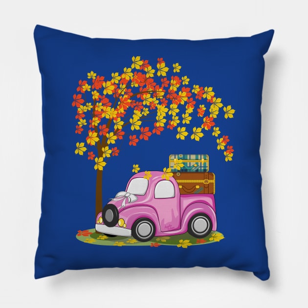 Vintage Car And Autumn Tree Art Pillow by Designoholic