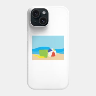 Green toy bucket, Yellow shavel and beach ball on Brown sand and Blue sea background Phone Case