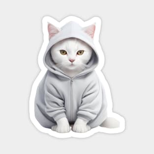 White British shorthair cat wearing hoodie Magnet
