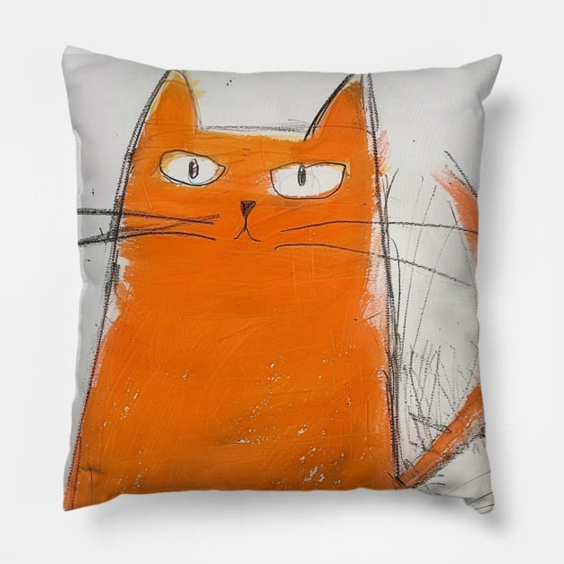 Funny Orange Cat Portrait for Cat Lovers Gift Pillow by VeryBadDrawings