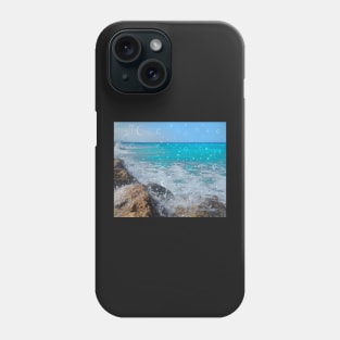 Rocky beach ocean spray, On the rocks, ocean waves surfing the rocks of a splashing dashing restless Caribbean Sea Phone Case