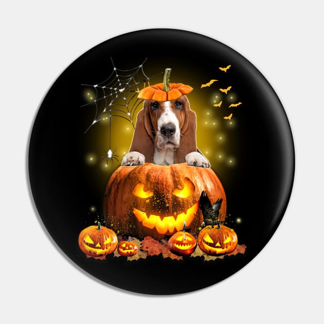 Basset Hound Spooky Halloween Pumpkin Dog Head Pin by Los Draws