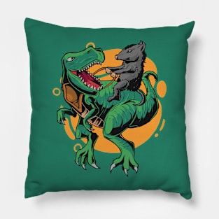 Opossum Riding a T-Rex Dinosaur // Funny Possum Dino Cartoon Pillow