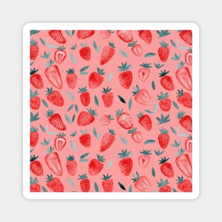 Watercolor strawberries pattern - pink background Magnet