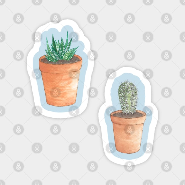 Cute Little Succulent Plant and Cactus in Terracotta Pots Hand Drawn in Watercolor and Ink Magnet by EndlessDoodles