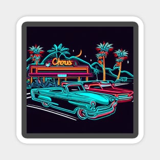 A design that captures the spirit of a classic American road trip from the 1950s or 60s, with vintage cars, neon signs, and roadside attractions. Magnet