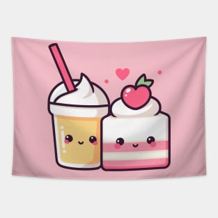 Kawaii Cute Strawberry Cake and Milkshake with a Heart | Design for Kawaii Couples Tapestry