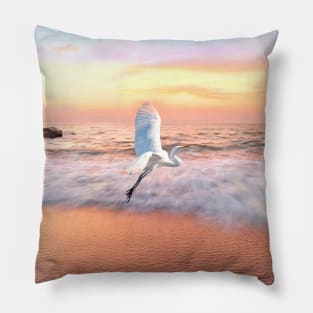 Egret Flies Toward an Ocean Sky Pillow