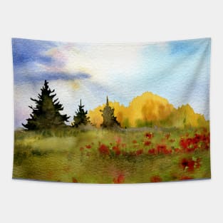 Watercolor Poppy Field Nature Landscape Tapestry