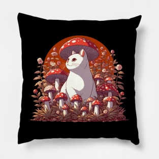 Funny Vintage White Cat in Mushroom Garden Pillow