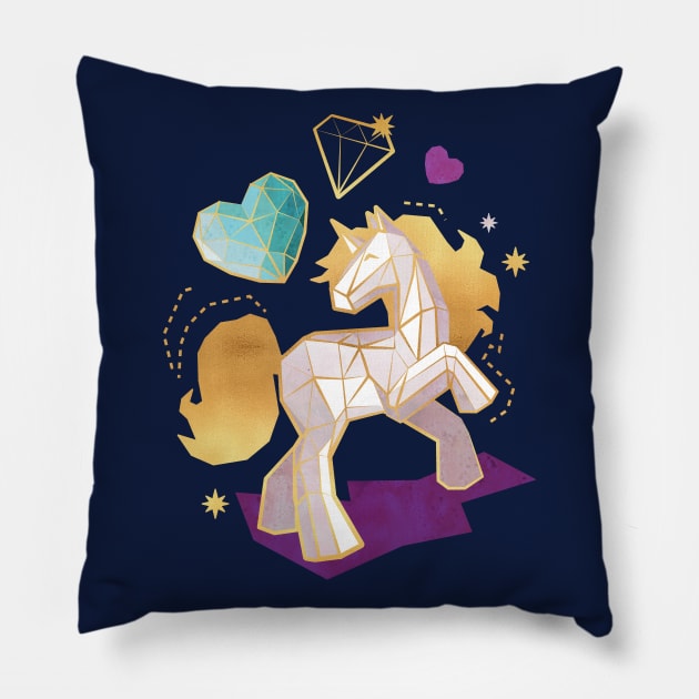 Kicking off some magic // spot illustration // white and grey geometric unicorn violet blue and aqua hearts golden lines Pillow by SelmaCardoso
