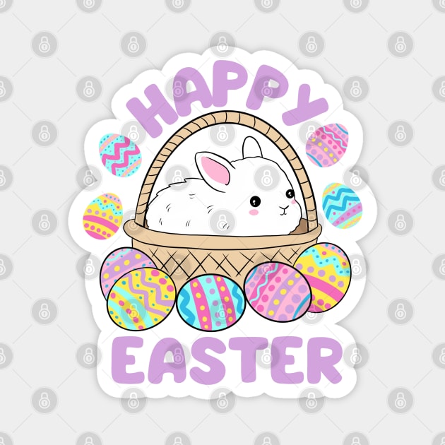 Happy easter a cute little Easter bunny in a basket surrounded by easter eggs Magnet by Yarafantasyart