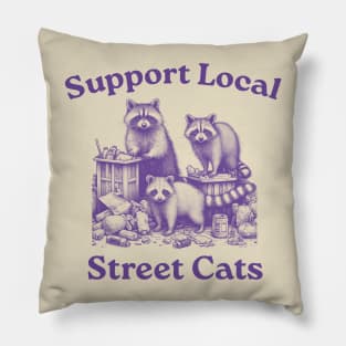 Support Your Local Street Cats, Retro, Vintage Raccoon, Nostalgia Pillow