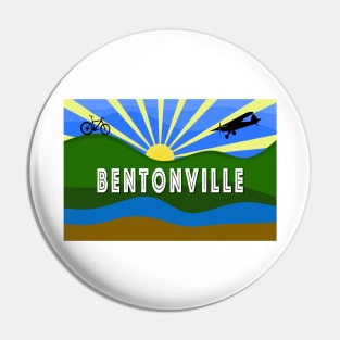 Bentonville, Arkansas design with sunrise, mountain bike and airplane Pin