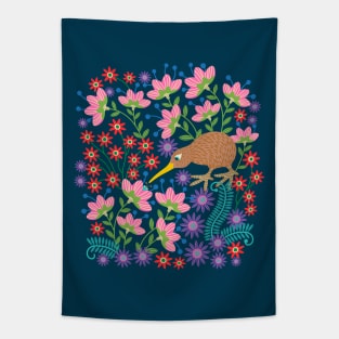 OKARITO KIWI BIRD New Zealand Cute Flightless Birdy Wildlife Nature Comeback Species with Bug and Flowers in Bright Multi-Colours - UnBlink Studio by Jackie Tahara Tapestry