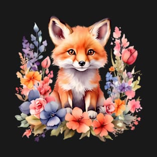 A red fox decorated with beautiful watercolor flowers T-Shirt