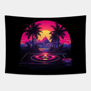 Vinyl Turntable in the Synthwave 80s eighties style palm trees Tapestry