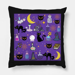 Black Cat Black Magic_Purple Background Pillow