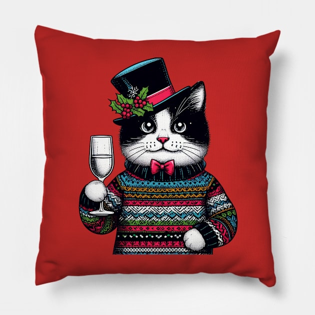 Black White Cat Christmas Pillow by BukovskyART