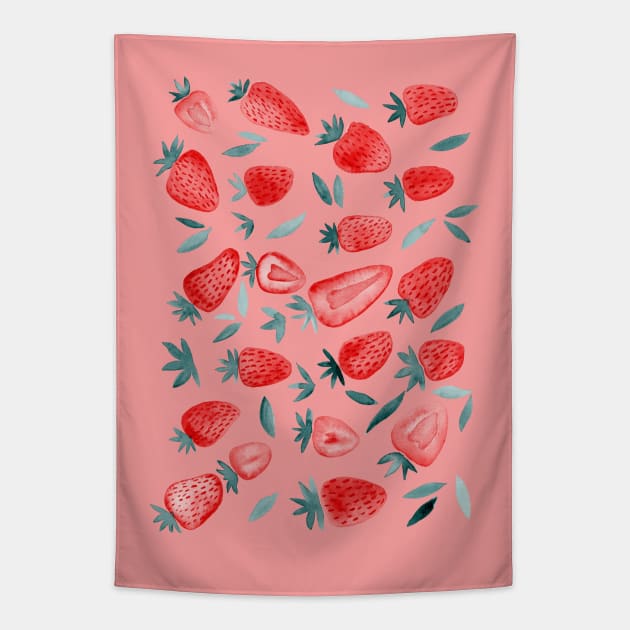 Watercolors strawberries - red and teal on pink Tapestry by wackapacka