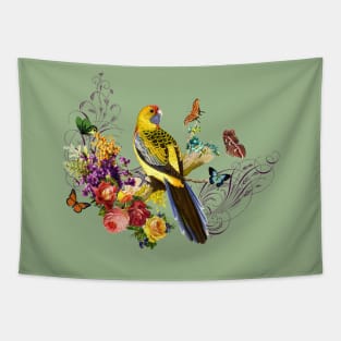 Yellow Parrot standing on tree with butterflies roses French ornaments Tapestry