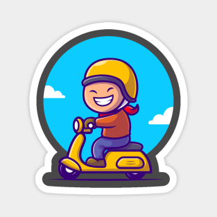 Cute Boy Riding Scooter Cartoon Magnet