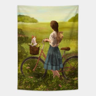 Girl with bike and cat in nature Tapestry