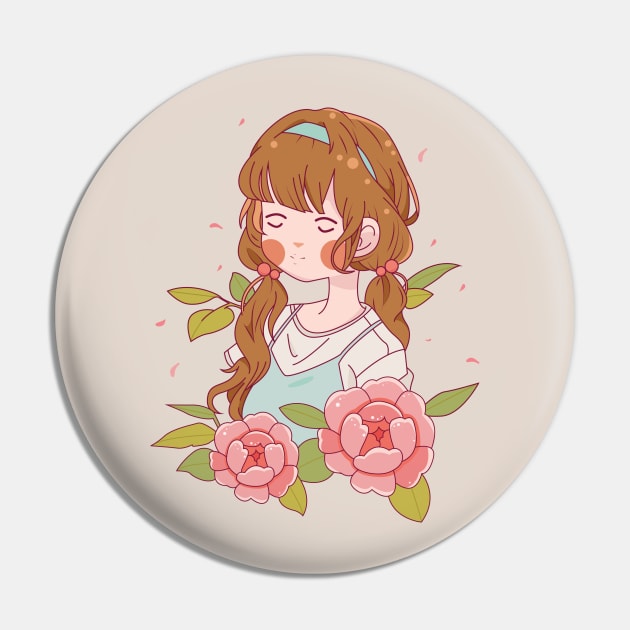 Beautiful Brown Hair Girl Floral Pin by TinPis