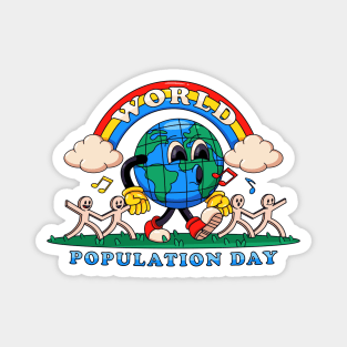 World population day, earth walks happily while holding on to paper humans Magnet