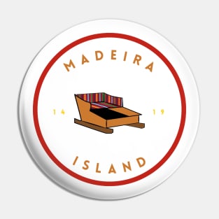 Madeira Island 1419 logo with the traditional toboggan ride/carro de cesto in colour Pin