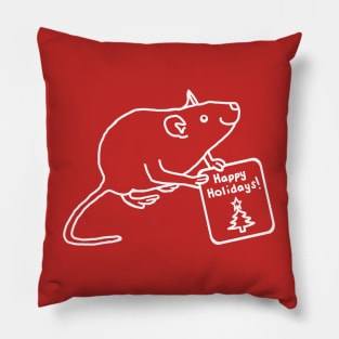 White Line Cute Christmas Rat says Happy Holidays Pillow