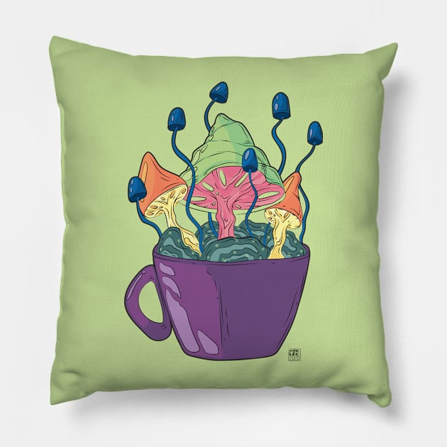 Coffee Cup Mushrooms Pillow by Desdymona