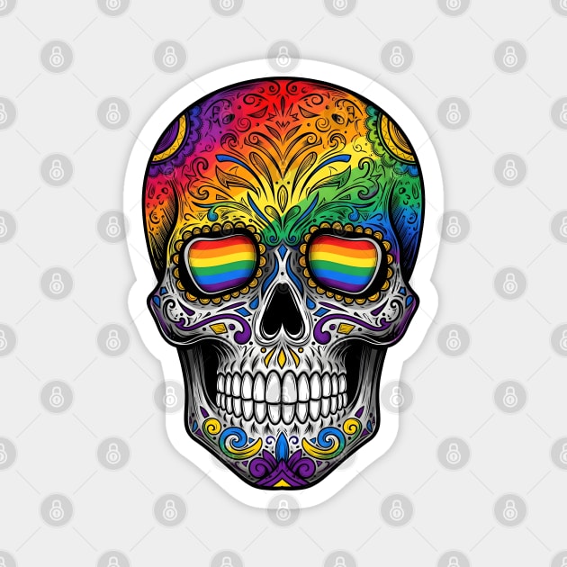 Colorful Rainbow Sugar Skull with Pride Colors - Day of the Dead Art Magnet by WarFX Designs