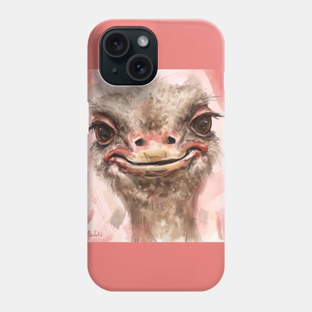 Close up Painting of a Funny Looking Smiling Ostrich on Contemporary Pink Salmon Background Phone Case by ibadishi