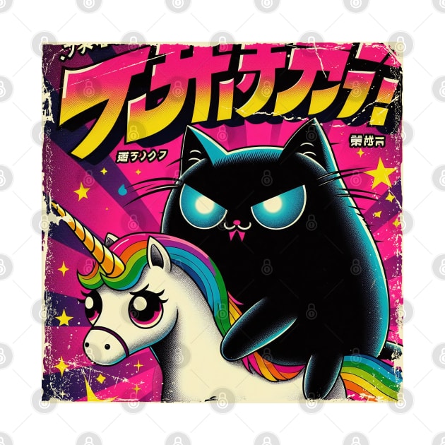 Mystical Black Cat Riding Colorful Unicorn by IA.PICTURE