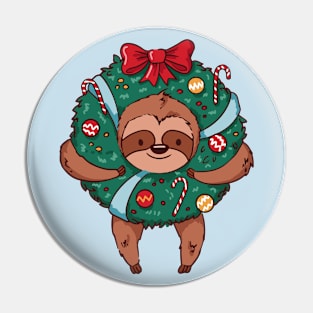 Merry Slothmas // Cute Cartoon Sloth in Christmas Wreath Pin