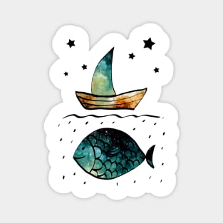 Watercolor Starry Sky, Fish and Sail Boat Magnet