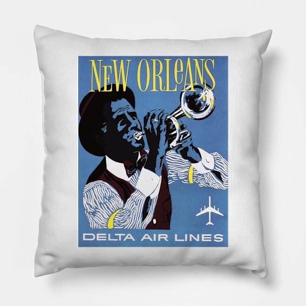 Travel to NEW ORLEANS for Jazz Festival Advertisement Vintage Airline Pillow by vintageposters