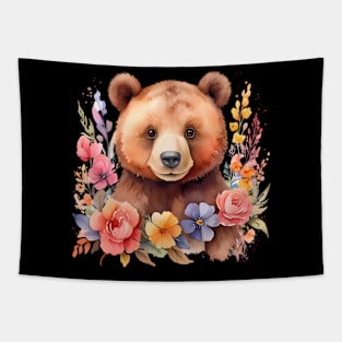 A brown bear decorated with beautiful watercolor flowers Tapestry