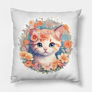 Cute cat with flowers circle Pillow