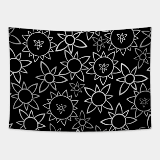 Retro Flower Suns White on Black Tapestry