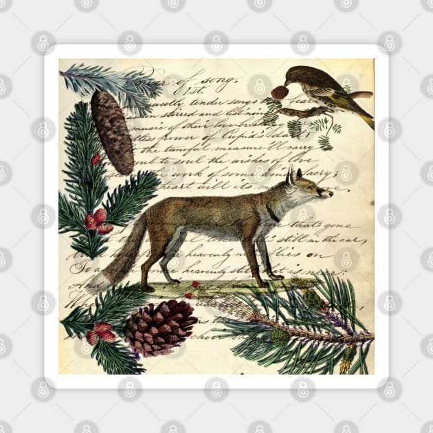 dark academia nordic scandinavian bird primitive christmas pine tree red fox Magnet by Tina