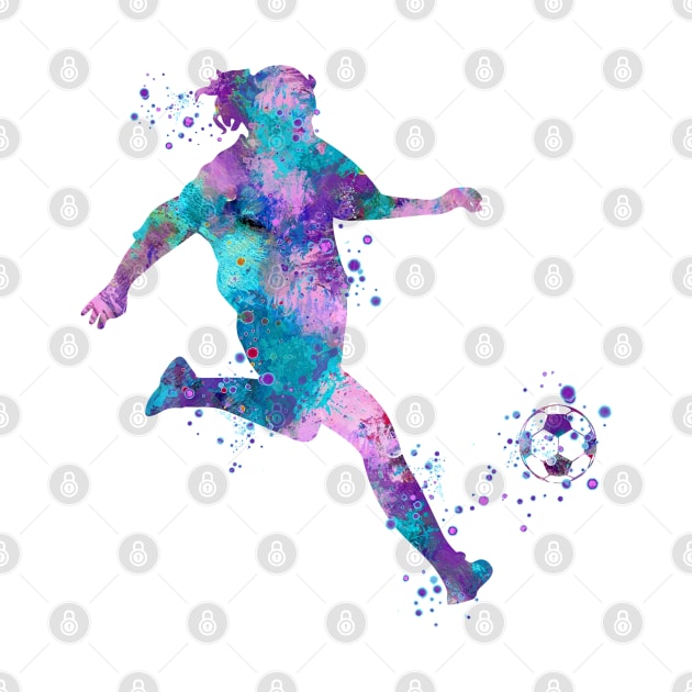 Girl Soccer Player Kick Watercolor Painting by LotusGifts