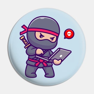 Cute Ninja Working On Laptop Cartoon Pin