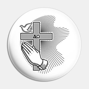 The cross of Jesus, praying hands and a dove - a symbol of the Holy Spirit Pin