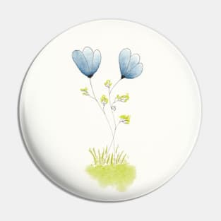 Two Blue Flowers in Pen Ink and Watercolor Pin