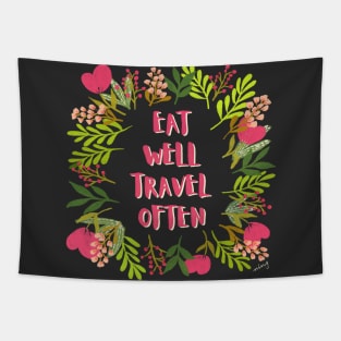 Eat Well Travel Often Charcoal & Hot Pink | Floral Wreath | Quote Tapestry